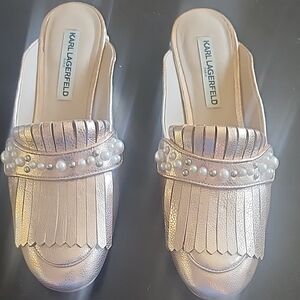 Karl Lagerfeld Metallic Rose Gold Mules with Pearl Detail